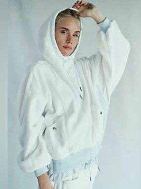 Free People Cream Fleece Hoodie with Light Blue Drawcords